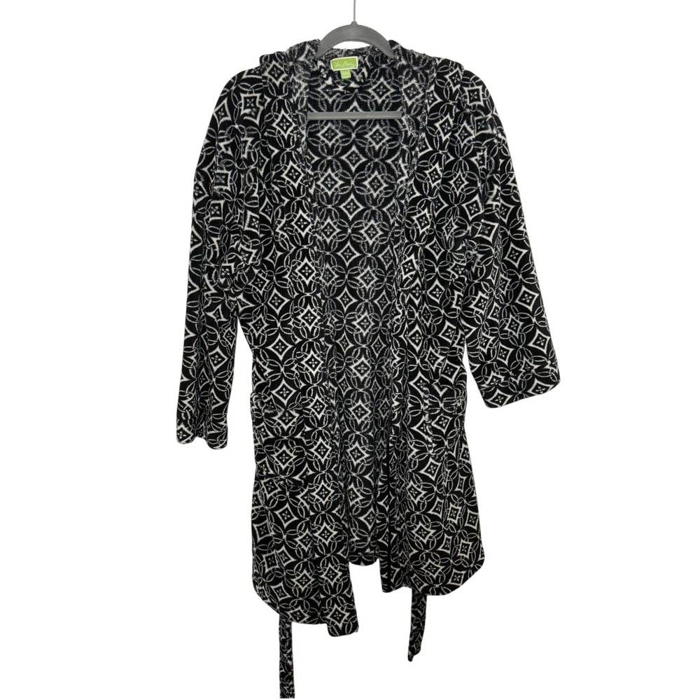 Vera Bradley Hooded Fleece Robe Black White Geometric Medallion S/M Loungewear